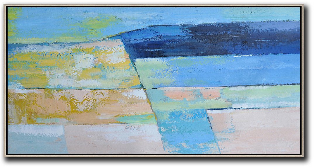 Xl Large Canvas Art,Horizontal Palette Knife Contemporary Art,Acrylic Painting Canvas Art,Dark Blue,Ske Blue,Yellow,Pink.etc